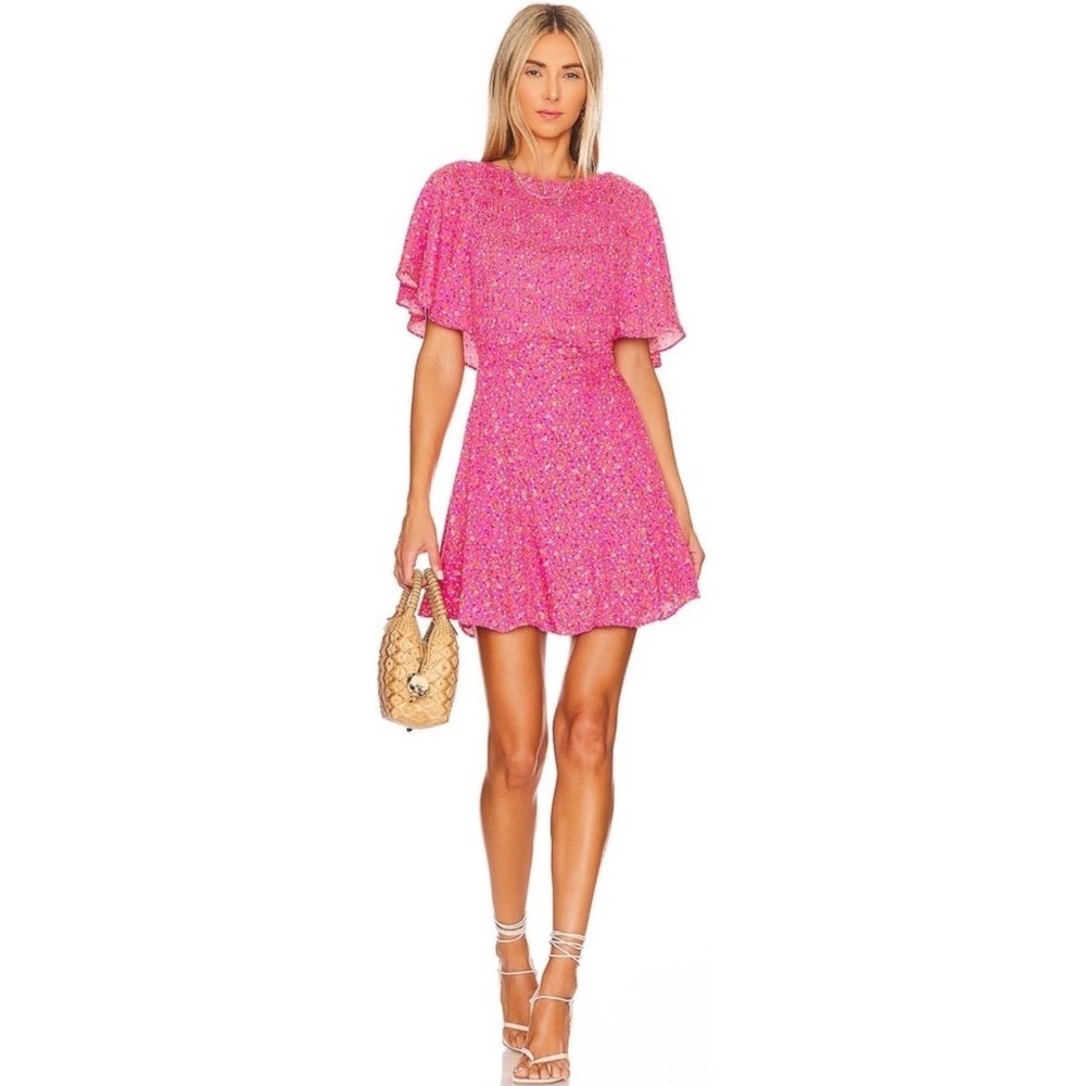 Free People Pink‎ Floral Flutter Sleeve Lace Up Back Mini Dress XS